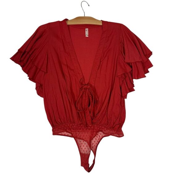 Free People Call Me Later Ruffled Thong Bodysuit Tiered Boho Fairy Rust Red sz S - Picture 3 of 10